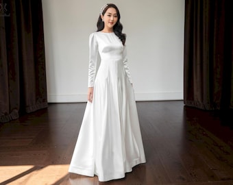 Elegant Long Sleeve White A-Line Wedding Dress, Open Back Cross Tie Detail