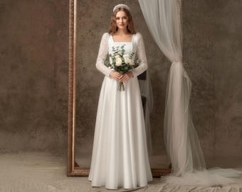 Square Neck Long Sleeve Boho Wedding Dress, Simple Elegant Bridal Gown