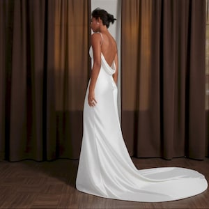 Satin Pleated Neck Cowl Back Wedding Dress, Minimalist Waterfall Neck Bridal Gown, Modern Ceremony Dress with Chapel Train.