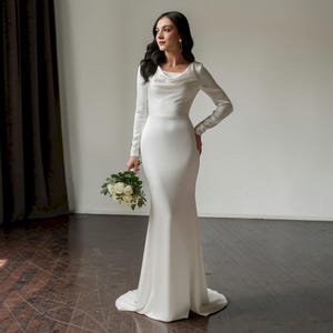Modest Sleek Mermaid Wedding Dress, Long Sleeve Cowl Neck Bridal Gown with Train image 1