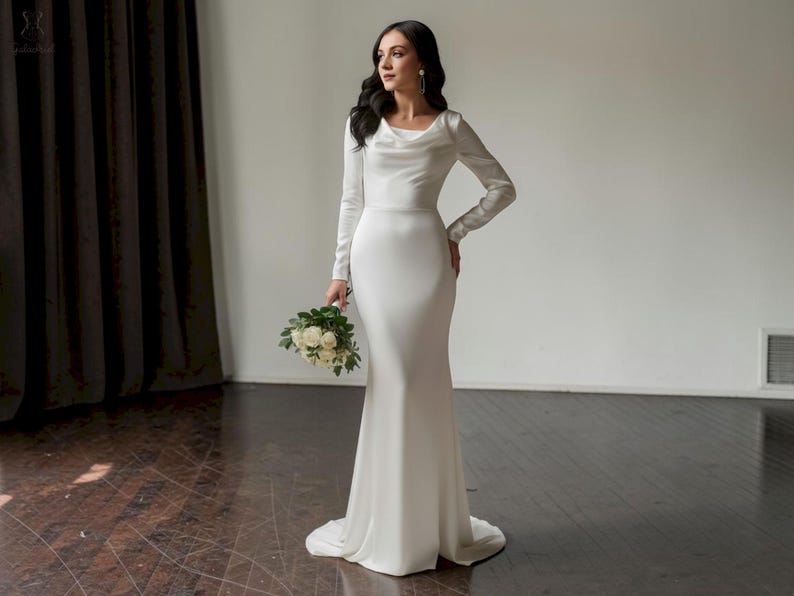 Modest Sleek Mermaid Wedding Dress, Long Sleeve Cowl Neck Bridal Gown with Train image 1
