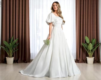 Simple Elegant Square Neck Wedding Dress, Classic Satin Bridal Gown with Puff Sleeves, Modern A Line Wedding Dress with Button Back.
