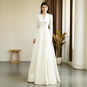 Formal A Line Wedding Dress, Simple and Elegant Wedding Dress, Modest Long Sleeve Wedding Dress,Vintage Wedding Dress,Open Back Bridal Dress