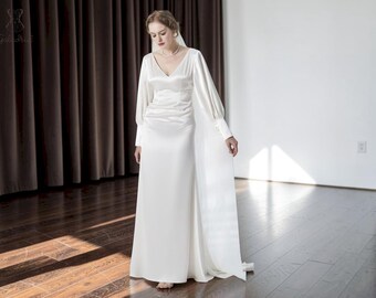 Simple Wedding Dress Puff Sleeve, Midi Long Sleeve Wedding Dress, Casual Open Back Wedding Dress, Modest Wedding Dress, Bridal Dress.