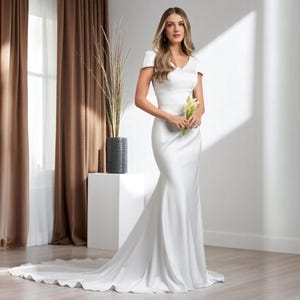 green emerald velvet dress Davinci Bridal 50697 Destination Fitted Satin Wedding Dress Overskirt Bridal Gown Simple 10 / Ivory main image 1