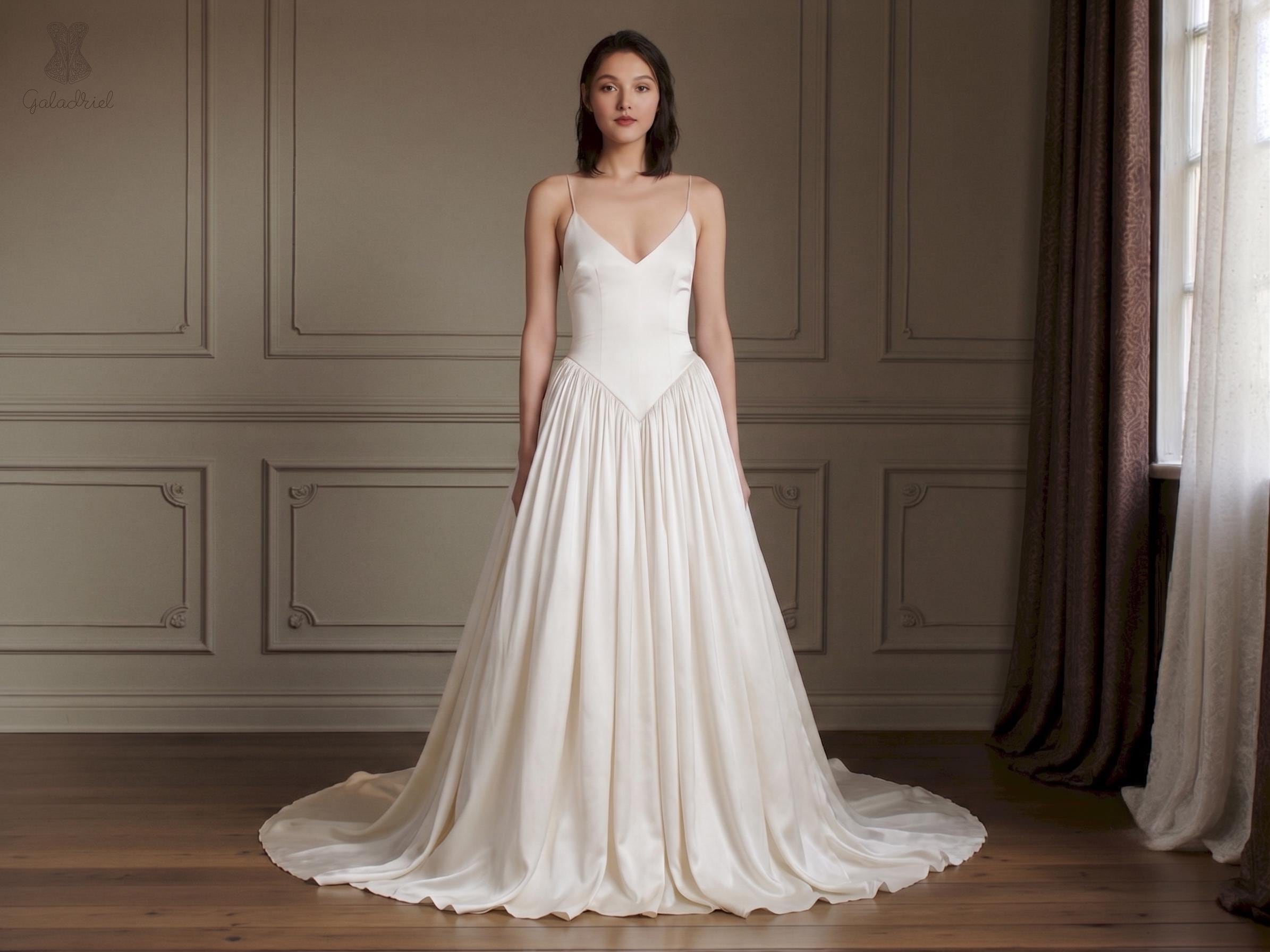 Basque Strap Ivory Satin Wedding Dress, Elongated Basque Waist, Modern Spaghetti ...