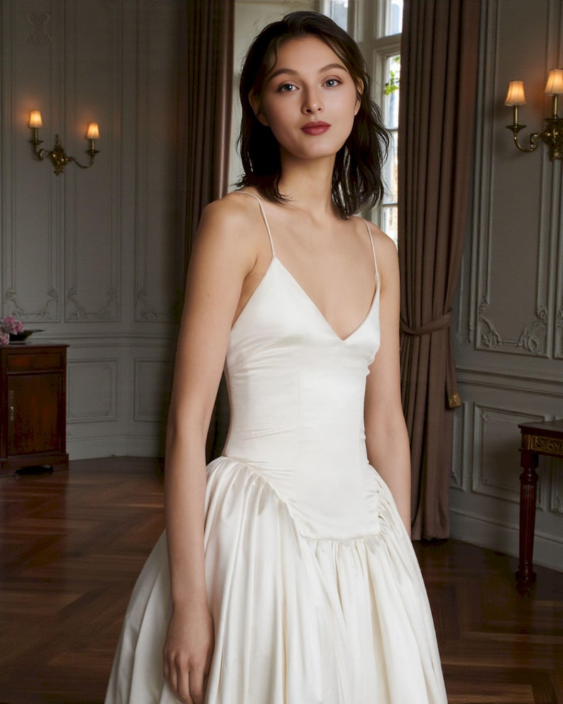 Ivory Basque Ivory Satin Wedding Dress, Elongated Basque Waist, Modern Spaghetti ...