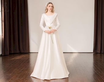 Hand-made Long Sleeve Wedding Dress, Elegant Straps Back Bridal Gown