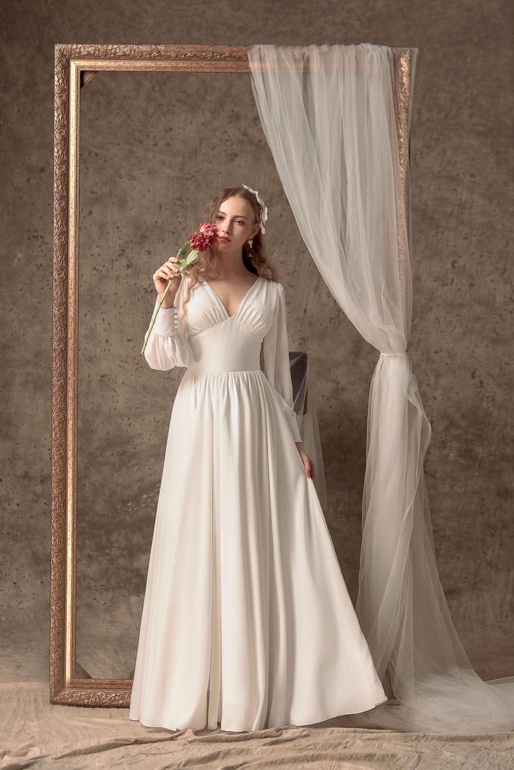 empire waist wedding dress with sleeves Simple Empire Waist Wedding Dress: Long Sleeve Bridal Gown