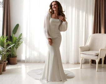 Long Sleeve Mermaid Wedding Dress with Square Neckline, Simple Crepe Wedding Dress, Button Back Chapel Train Bridal Gown, Modest Gown.