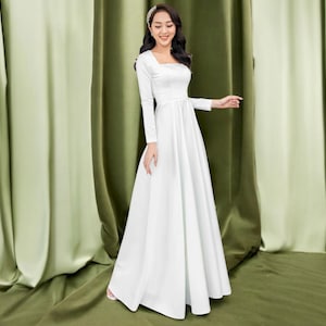 Simple Open Back Wedding Dress with Straps Back, Long Sleeve A Line Wedding Dress, Square Neck Formal Wedding Dress, Unique Wedding Dress.