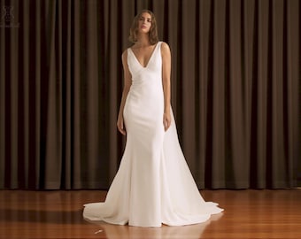 Simple Crepe Ivory Wedding Dress with Detachable Watteau Train, Minimalist V-Neck Wedding Dress, Modern Open Back Wedding Dress.