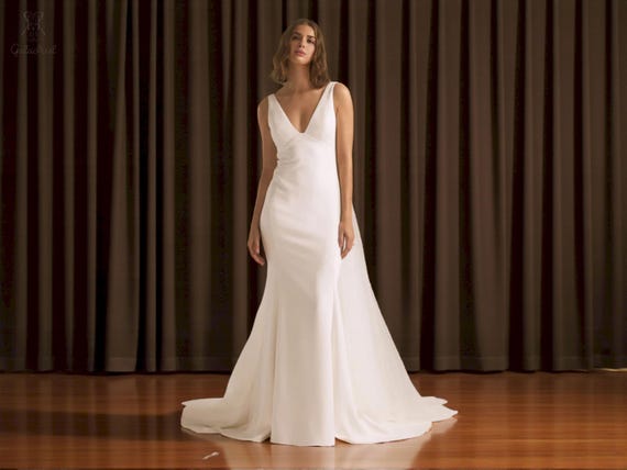 Simple Crepe Ivory Wedding Dress with Detachable Watteau Train, Minimalist V-Neck Wedding Dress, Modern Open Back Wedding Dress.