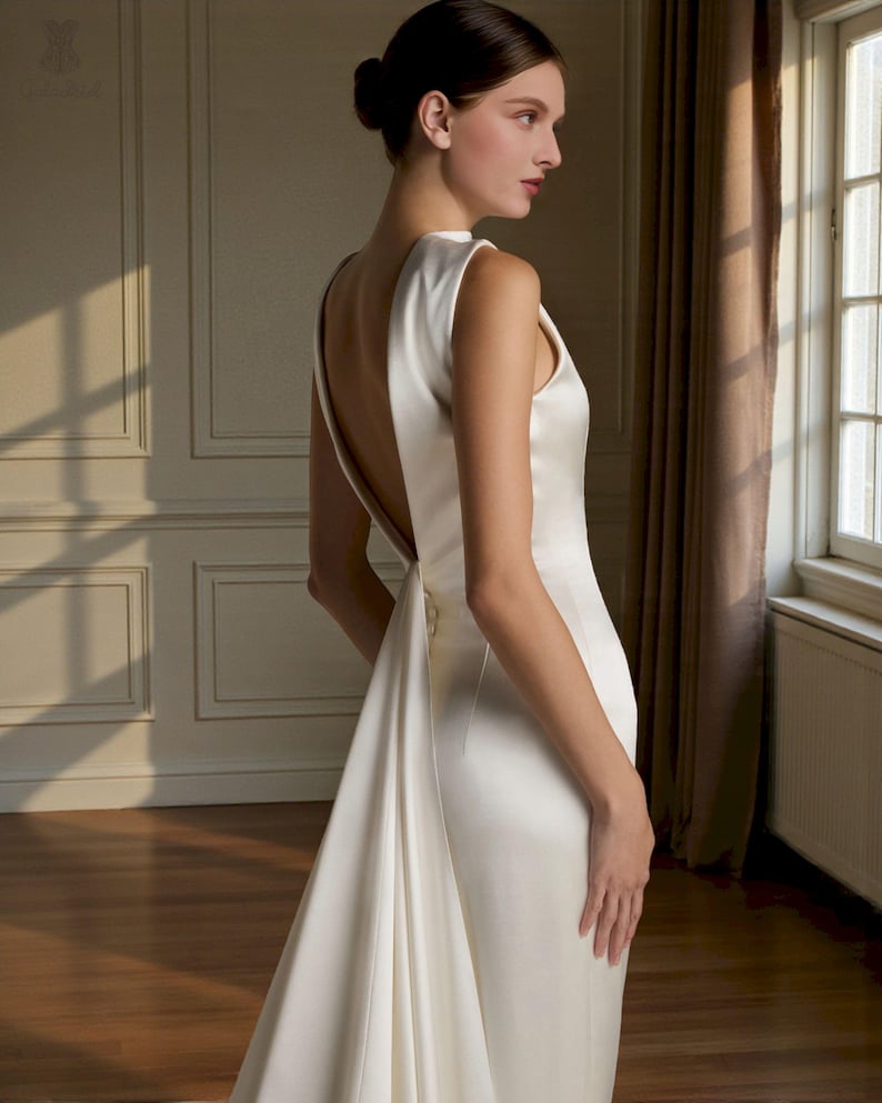 K&ouml;nnte beinhalten: Ein &auml;rmelloses, elfenbeinfarbenes Brautkleid mit tiefem R&uuml;ckenausschnitt und flie&szlig;ender Schleppe. Das Kleid ist aus einem glatten, satinartigen Stoff gefertigt und hat ein schlichtes, elegantes Design. Geeignet f&uuml;r Hochzeiten und formelle Anl&auml;sse.