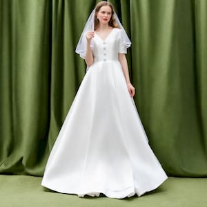 Simple and Elegant Wedding Dress, Formal Wedding Dress, Modest Wedding Dress with Bow Back, A Line Wedding Dress, Rustic Wedding Dress.