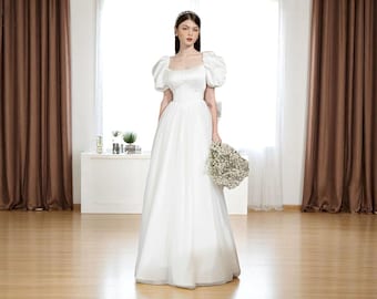 A Line Square Neck Wedding Dress, Formal Wedding Dress, Boho Wedding Dress, Puff Sleeve Wedding Dress, Bridal Dress with Bow Back.