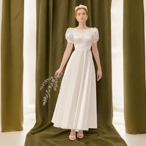 Puff Sleeve Rustic Wedding Dress, Midi Wedding Dress, Modest Wedding Dress, Simple Wedding Dress, A-Line Wedding Dress with Straps Back.
