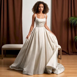 Champagne Elegant Satin A Line Wedding Dress with Sweep Train, Square Neck Spaghetti Strap Wedding Gown, Modern Open Back Wedding Gown.