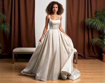 Champagne Elegant Satin A Line Wedding Dress with Sweep Train, Square Neck Spaghetti Strap Wedding Gown, Modern Open Back Wedding Gown.