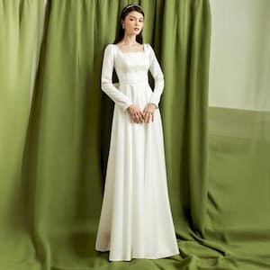 Vestido de novia sencillo y elegante, vestido de novia minimalista con escote cuadrado, vestido de novia de línea A con manga larga, vestido de novia con lazo en la espalda.
