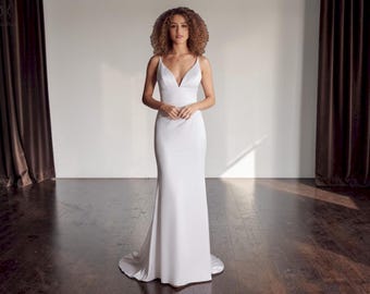 Mermaid Open Back Wedding Dress, Plunge V Neck Spaghetti Strap Gown, Minimalist Sweep Train