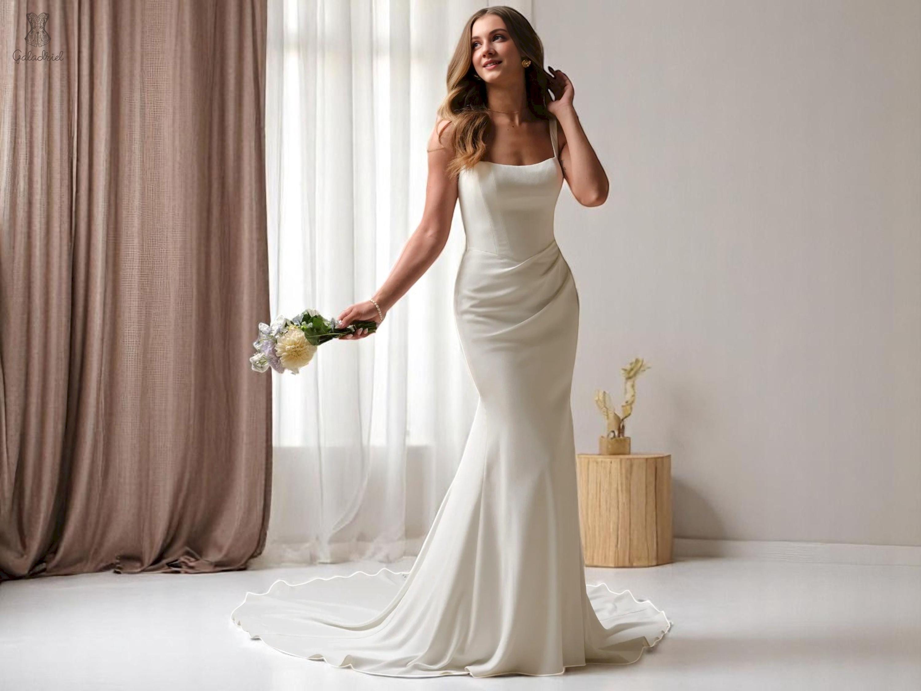 Square Neck Mermaid Wedding Dress with Pleated Crossover Drape, Minimalist Crepe Bridal Gown with Sweep Train, Simple Wedding Dress with.