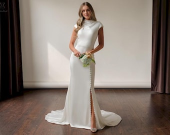High Neck Satin Wedding Dress, Cap Sleeves, Button Front Slit Bridal Gown