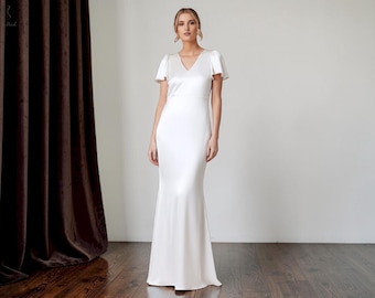 Elegant Mermaid Wedding Dress, Open Low Back, Butterfly Sleeve, Minimalist Bridal Gown