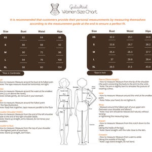 Puede incluir: Una tabla de tallas para mujeres de Galadriel, con medidas en cent&iacute;metros y pulgadas. La tabla incluye medidas de busto, cintura y cadera para las tallas XS a XL. Tambi&eacute;n se incluyen instrucciones sobre c&oacute;mo medir.