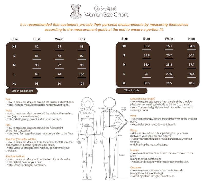 Puede incluir: Una tabla de tallas para mujeres de Galadriel, con medidas en cent&iacute;metros y pulgadas. La tabla incluye medidas de busto, cintura y cadera para las tallas XS a XL. Tambi&eacute;n se incluyen instrucciones sobre c&oacute;mo medir.