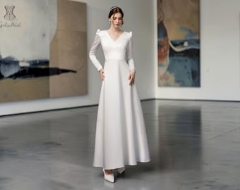 Elegant Long Sleeve A-Line Wedding Dress, Minimalist Modern Bridal Gown