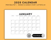 Printable 2025 Calendar, Monthly Calendar, Monday Start, Sunday Start, Digital Calendar, 2025 Planner, 2025 Wall Calendar, Minimalist, Clean