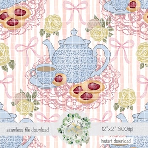May include: A seamless digital pattern featuring a blue teapot, teacup, and cookies with red filling, set against a pink and white striped background. The design includes yellow roses, pink bows, and the text "seamless file download" and "instant download".