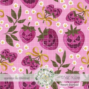 May include: A pink seamless pattern featuring stylized strawberries with carved jack-o'-lantern faces, yellow bows, green leaves, and small white flowers. The design is set against a grid background, with text indicating a seamless file download.