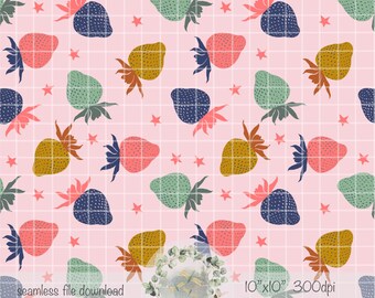 Boho strawberries surface design hand drawn PNG instant download digital paper sublimation fabric  whimsical  file
