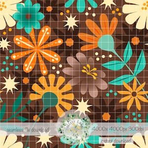 Groovy Flowers naadloze patroon handgetekende PNG instant download digitale papier sublimatie stof oppervlakteontwerp retro bestand