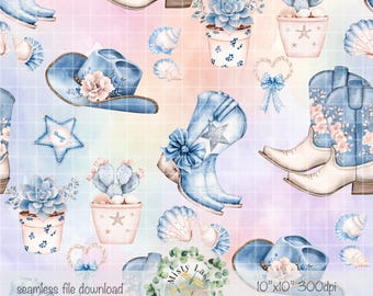 Coastal Cowgirl seamless pattern, hand drawn PNG, instant download, digital paper, sublimation, fabric surface design, country rodeo file