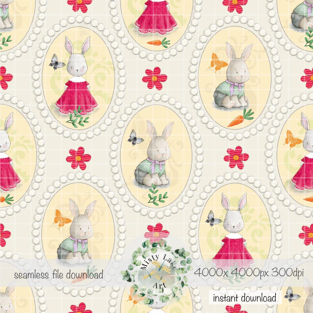 Vintage Rabbit Pattern Vintage Bunnies Seamless Pattern Hand Drawn PNG Instant Download ...
