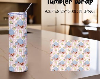 Könnte beinhalten: Ein Edelstahlbecher mit Strohhalm, verziert mit einem sich wiederholenden Muster aus blauen Teekannen, Teetassen und Kirschen auf einem rosa-weiß gestreiften Hintergrund. Der Text "Tumbler Wrap" und "Instant download" sind sichtbar.