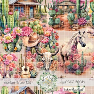 Wild West seamless pattern, watercolor style, PNG, instant download, digital paper, sublimation, fabric surface  Western design