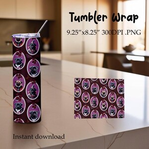 May include: A purple and black tumbler wrap with a repeating pattern of pugs wearing hats and necklaces. The wrap is 9.25 inches by 8.25 inches and 300 DPI. The text "Tumbler Wrap" is at the top of the image.