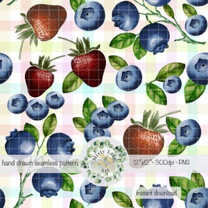 May include: A seamless pattern featuring watercolor illustrations of strawberries and blueberries on a white and pastel plaid background. The text "hand drawn seamless pattern" and "Misty Lake Art" are visible in the image.