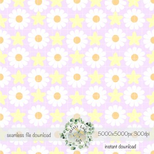 May include: A seamless pattern featuring white daisies and yellow stars on a light purple background. The pattern is perfect for crafting and digital projects.