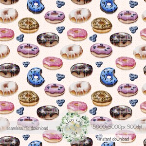 Sweet Donuts seamless pattern, hand drawn PNG, instant download, digital paper, sublimation, fabric, surface design, seamless file