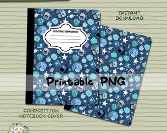 May include: Composition notebook cover with a navy blue background and a pattern of backpacks, apples, and stars. The notebook has a white label that says "COMPOSITION BOOK". The image also includes the text "Printable PNG" and "Back to school".