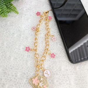 Phone Charm Strap With Flower Charms, Wrist Lanyard For Phone, Personalized Gift For Her, Cute Camera Wrist Strap For Tween Girls