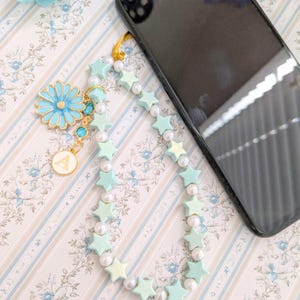 Phone Charm Strap With Blue Flower Charm, Wrist Lanyard For Phone, Personalized Gift For Her, Cute Floral Camera Wrist Strap For Tween Girls