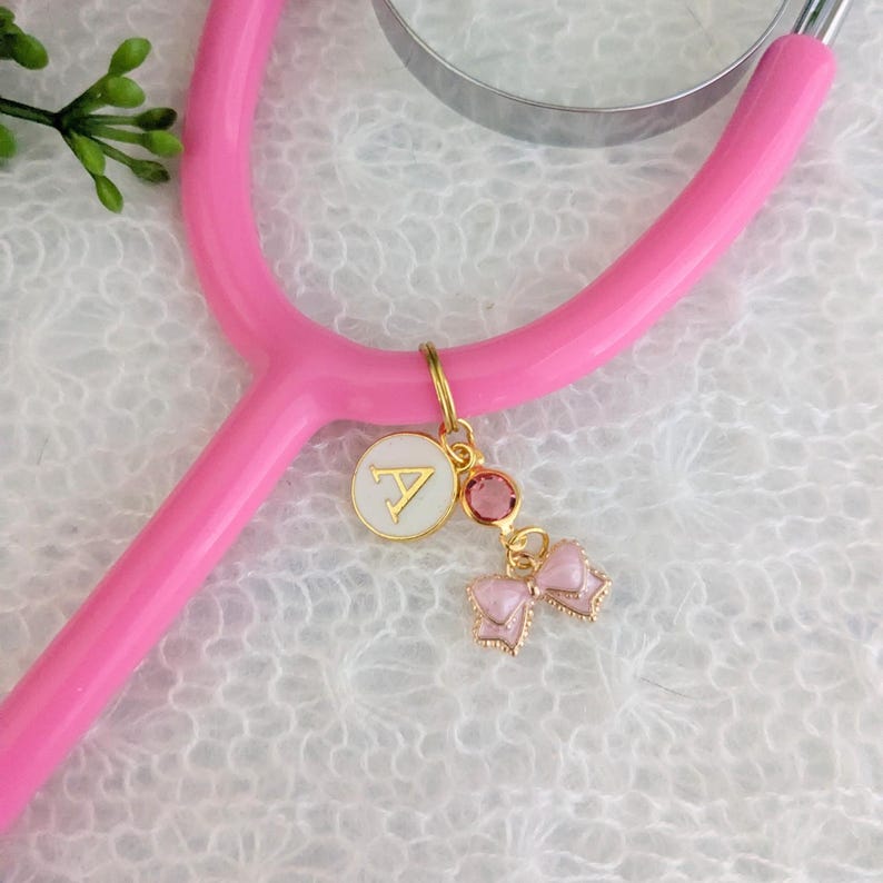 Coquette pink bow personalized stethoscope charm for nurses and doctors