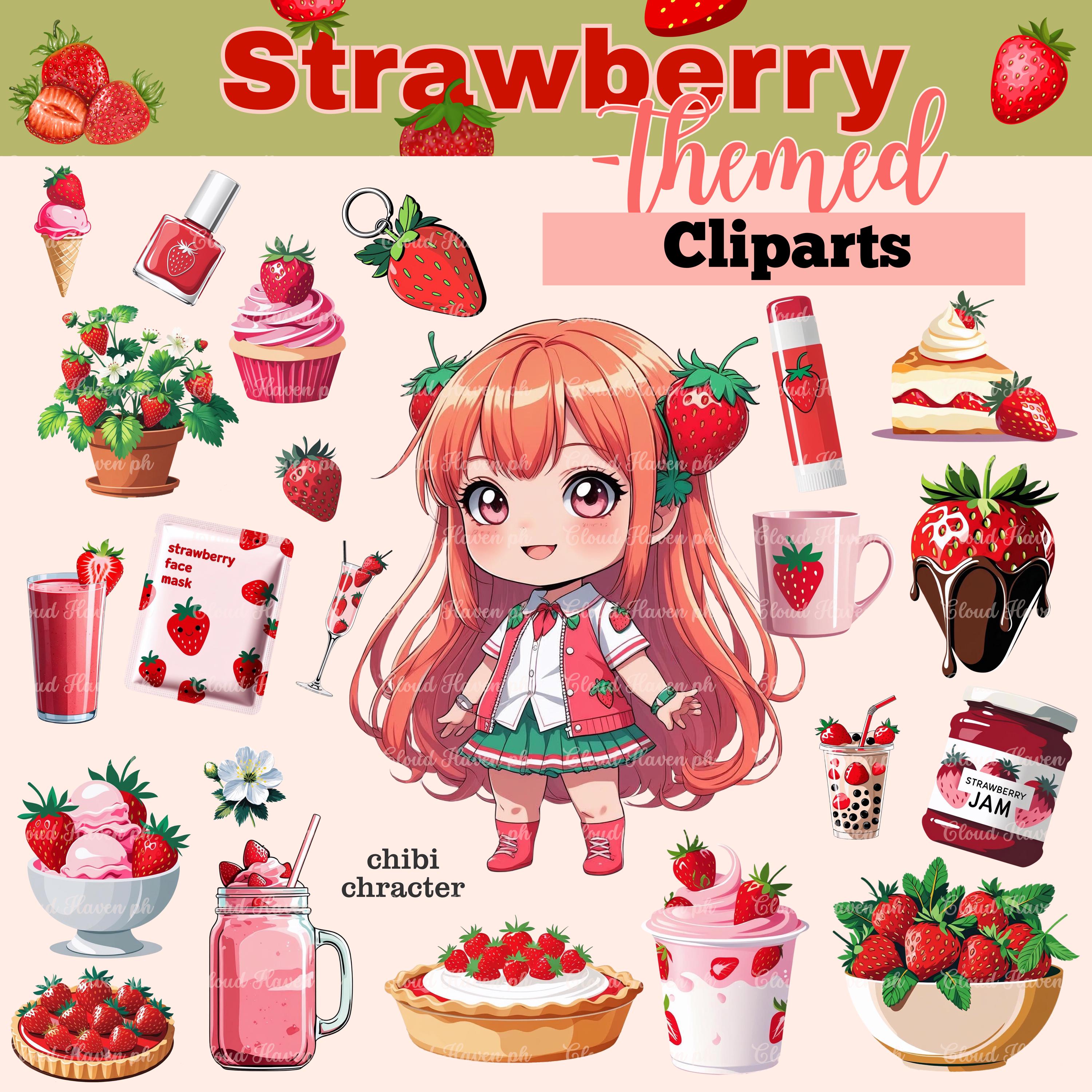 Fruit Strawberry Clipart, Strawberry Chibi, Strawberry Clipart Chibi, Chibi Clipart PNG, Straw-berries, strawberri clipart