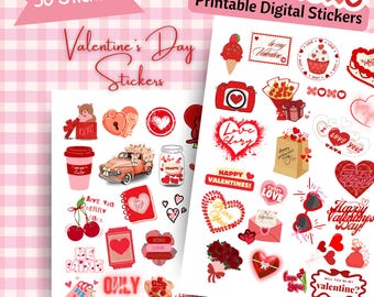 Valentines Day Printable Stickers, Digital Stickers, Coquette Valentines Stickers, Valentines Stickers PNG, Kawaii Sticker Packs